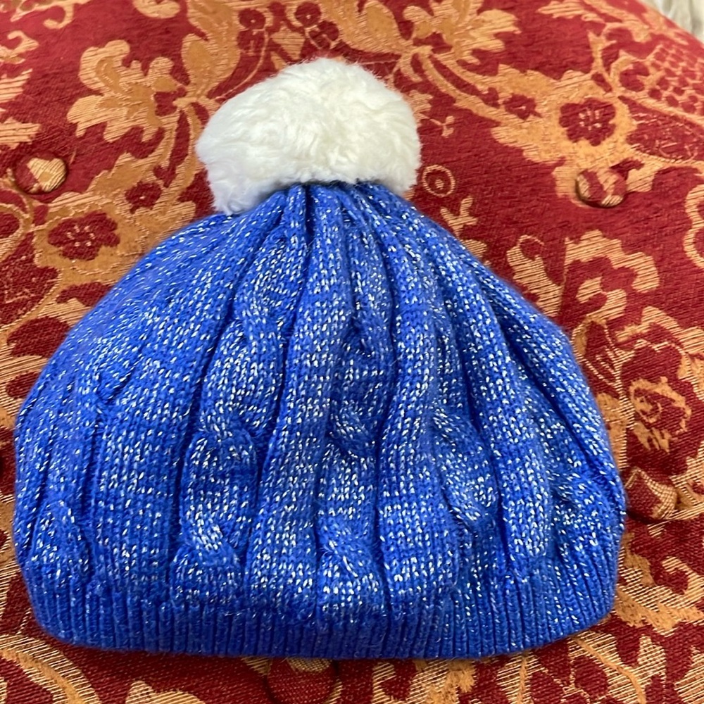 Gymboree blue metallic beanie snow hat toboggan with white Pom Pom puff M